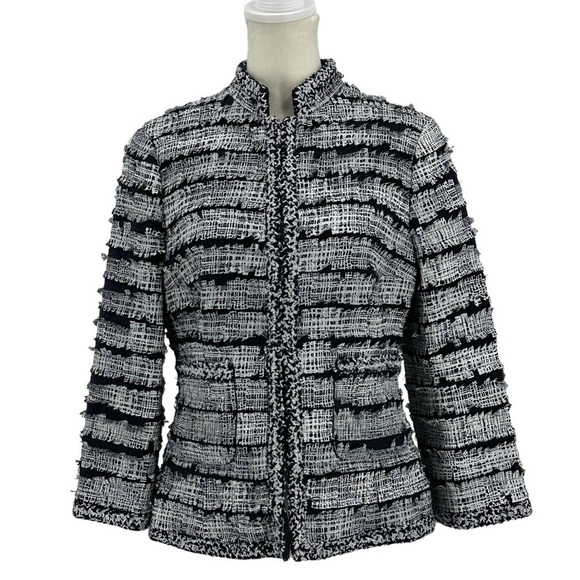 Per Se Navy Blue & White Tweed & Allover Fringe Overlay Blazer Jacket Size 6 - Picture 1 of 7